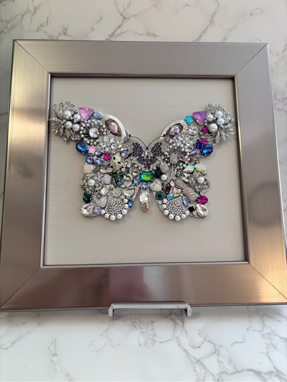 OOAK Framed Vintage Jewelry Butterfly Art 10x10 Rhinestone Crystal Wall Decor
